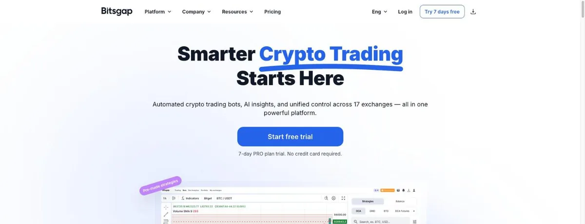 Bitsgap homepage headline Smarter Crypto Trading Starts Here, with a Start free trial button and the line 7-day PRO plan trial, no credit card required
