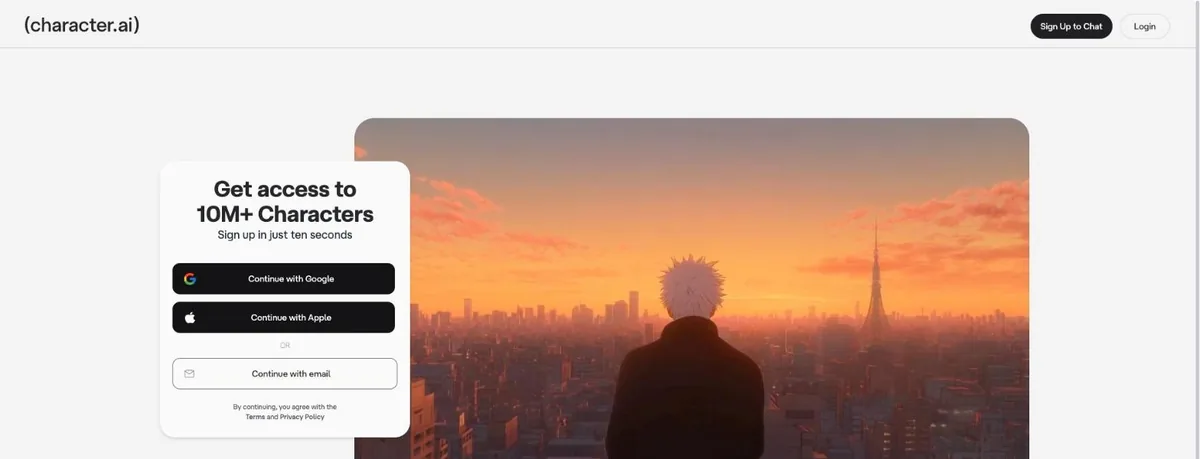 Character.ai landing page with a sign-up prompt in front of a grid of community-made AI characters