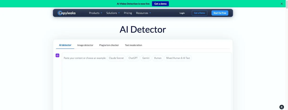 Copyleaks AI Detector page with tabs for AI detector, image detector, plagiarism checker and text moderation, and sample buttons for Claude Sonnet, ChatGPT, Gemini, Human and Mixed Human and AI Text