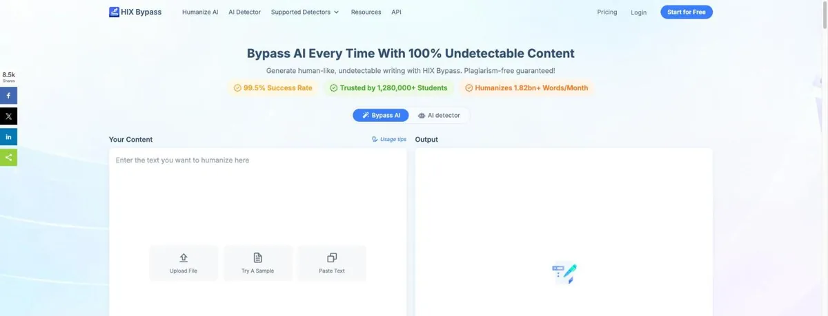 HIX Bypass homepage with the headline claiming 100 percent undetectable content above the text box