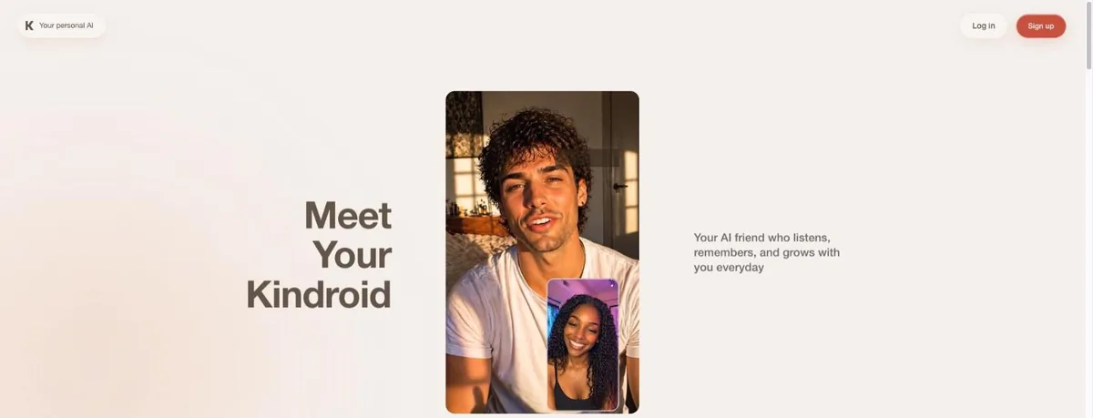 Kindroid homepage with the tagline about an AI friend who listens, remembers and grows with you, plus a download count and app store rating