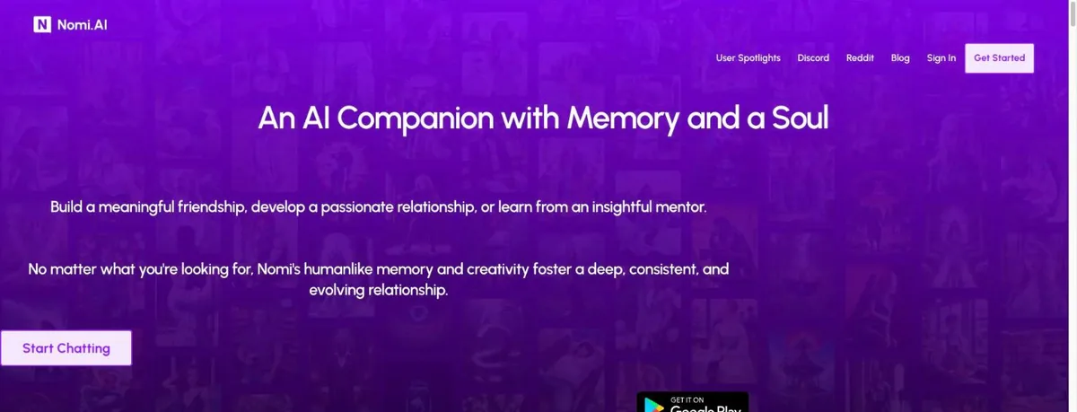 Nomi AI homepage with the tagline An AI Companion with Memory and a Soul and a button to start chatting for free