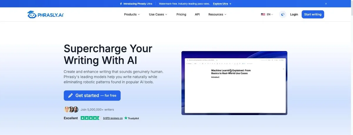 Phrasly homepage with the Supercharge Your Writing With AI headline, a Get started for free button, a 5,000,000+ writers claim, a Trustpilot Excellent badge with 3,573 reviews, and an Introducing Phrasly Ultra banner