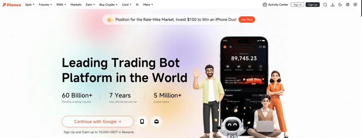 Pionex homepage headline Leading Trading Bot Platform in the World with 60 Billion monthly volume, 7 years and 5 million users, plus an iPhone giveaway banner