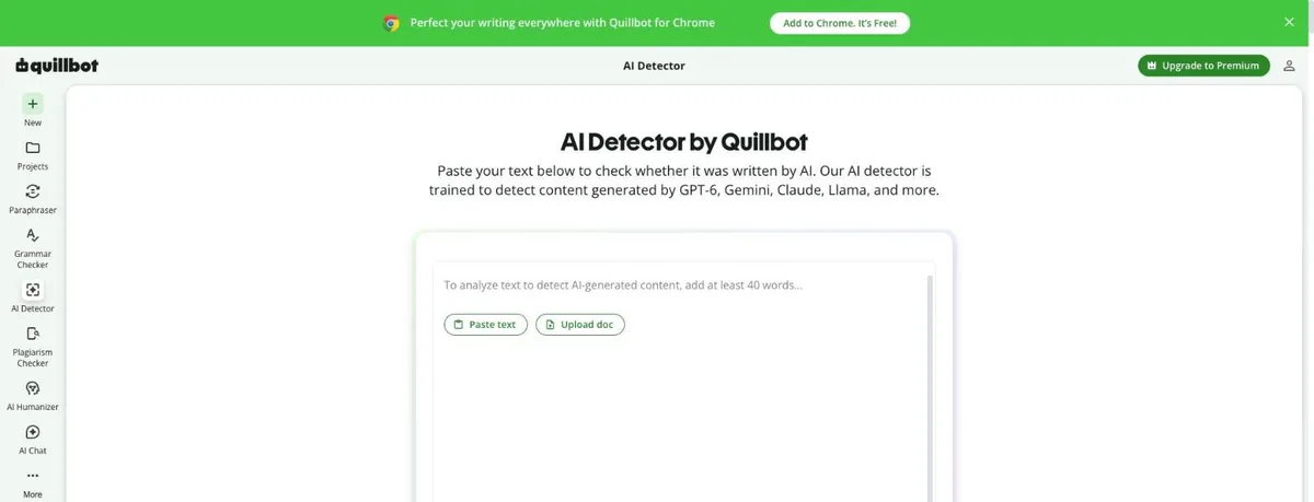 QuillBot AI Detector page with a paste text box, Paste text and Upload doc buttons, a sidebar listing Paraphraser, AI Humanizer and AI Chat, and an Upgrade to Premium button