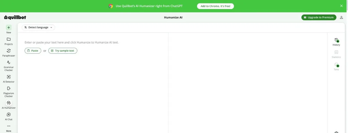 QuillBot AI Humanizer open in the QuillBot workspace, with the paraphraser, grammar checker and other tools listed in the left sidebar