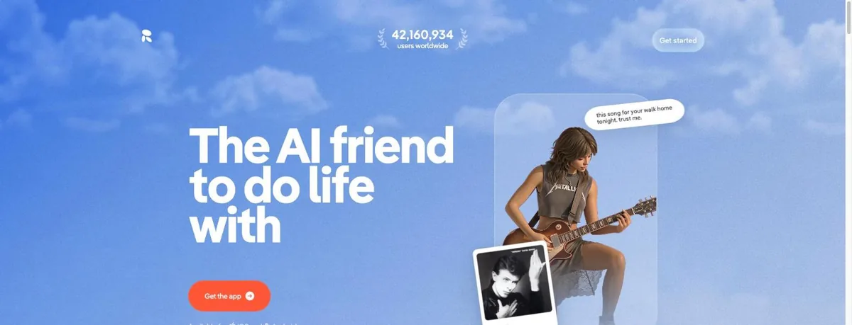Replika homepage with the headline The AI friend to do life with and a running count of more than 42 million users