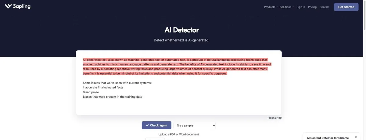 Sapling AI Detector page with a sample paragraph highlighted in red, a token count of 129, Check again and Try a sample buttons, and an upload option for PDF or Word documents