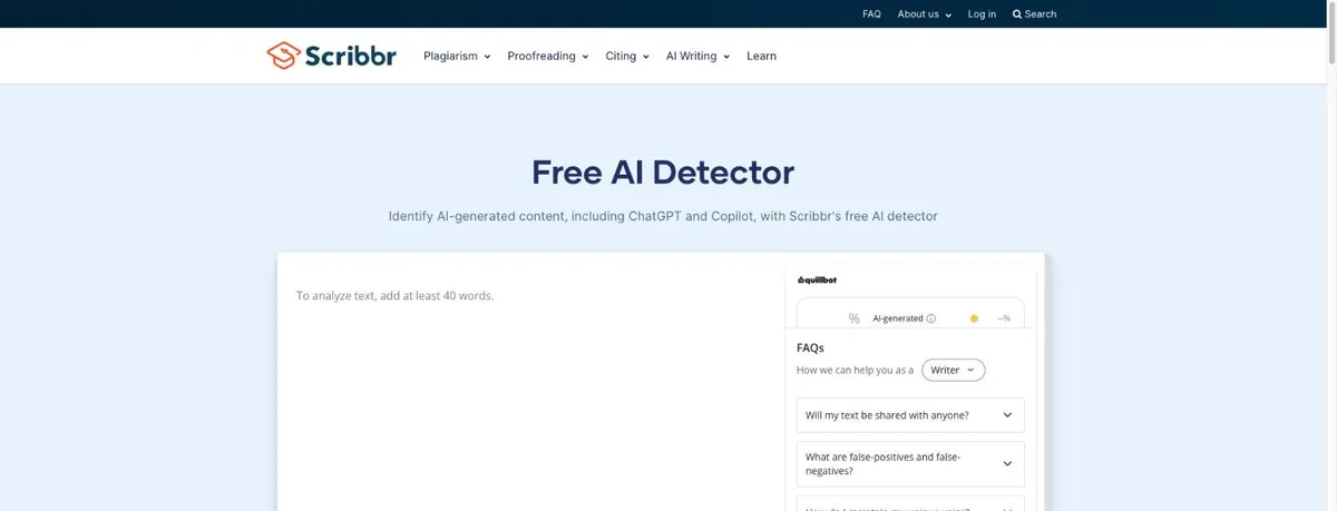 Scribbr Free AI Detector page with an empty text box asking for at least 40 words and a results panel carrying a QuillBot logo