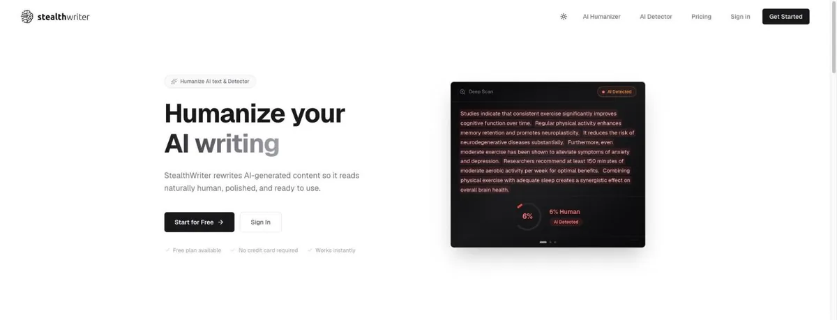 StealthWriter homepage with the headline Humanize your AI writing, Start for Free and Sign In buttons, and a dark Deep Scan panel highlighting sentences in red with a 6% Human, AI Detected score