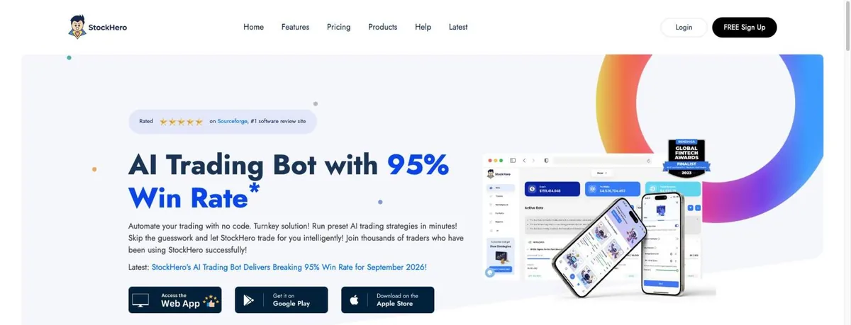 StockHero homepage with the headline AI Trading Bot with 95% Win Rate and an asterisk, a line announcing a 95% win rate for September 2026, app store buttons and a dashboard mockup on phones
