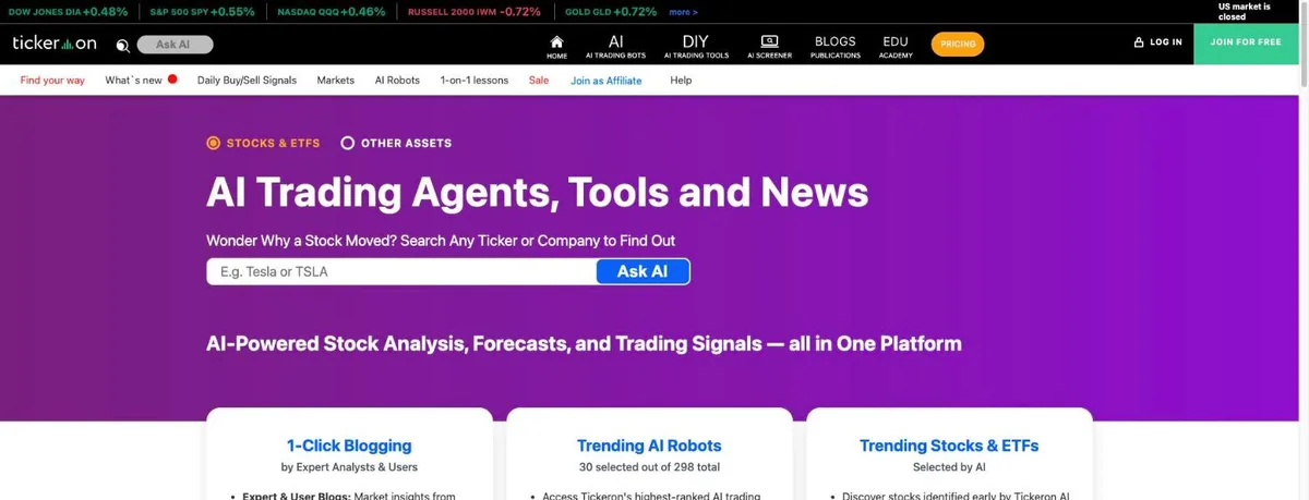 Tickeron homepage on a purple banner reading AI Trading Agents, Tools and News, with an Ask AI ticker search box, a market ticker bar, a menu including Daily Buy/Sell Signals, AI Robots and Sale, and cards for 1-Click Blogging and Trending AI Robots