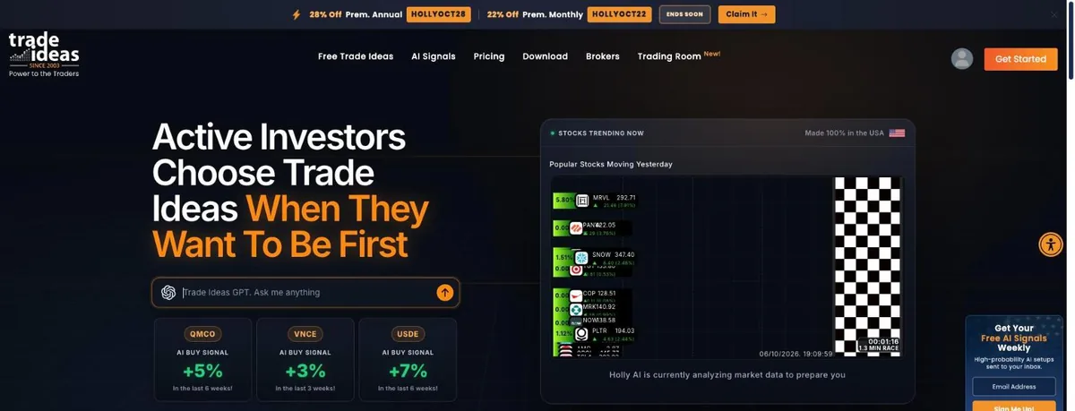 Trade Ideas homepage headline Active Investors Choose Trade Ideas When They Want To Be First, with a Trade Ideas GPT search box, three AI buy signal tiles and a banner offering discount codes on Premium plans