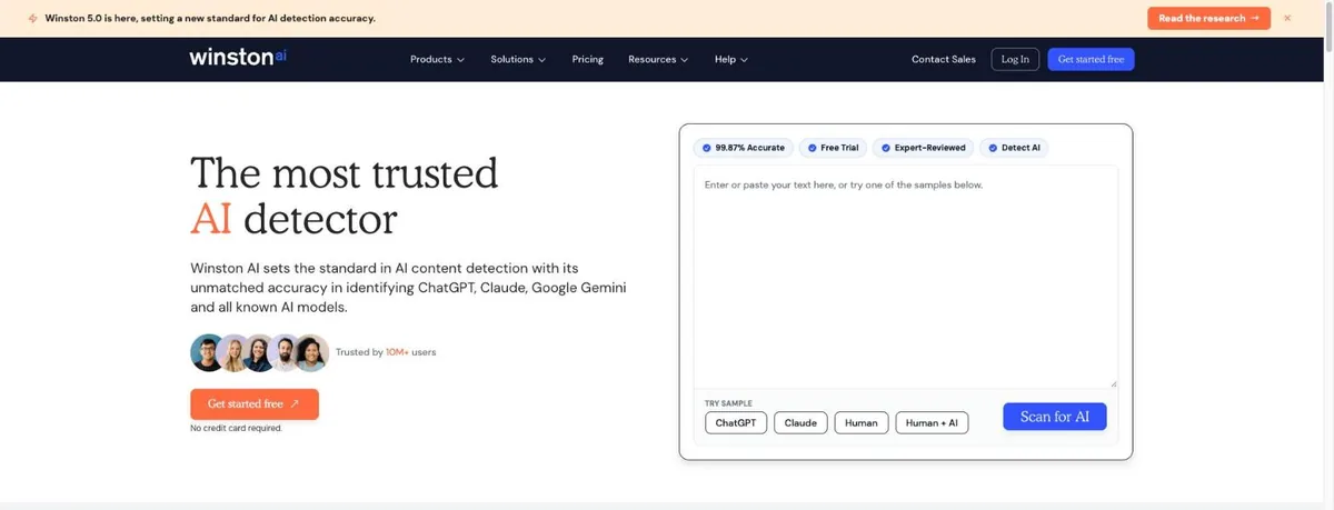 Winston AI homepage with the headline The most trusted AI detector, a 99.87 percent accurate badge above the text box, sample buttons for ChatGPT, Claude, Human and Human plus AI, and a Winston 5.0 banner
