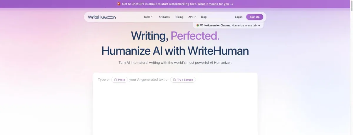 WriteHuman homepage with the Writing, Perfected headline, an empty paste box with Paste and Try a Sample buttons, a Chrome extension prompt, and a purple banner about ChatGPT watermarking text
