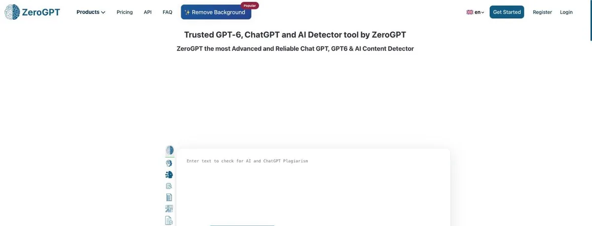 ZeroGPT homepage headline claiming GPT-6 and ChatGPT detection, a Remove Background button in the menu, and the text box below a large empty advert space
